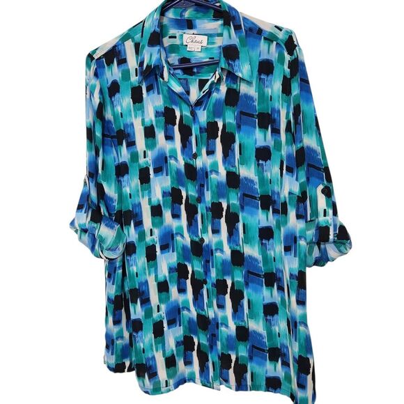 Chaus Womens tops Size 1X Blue Color Sheer Top Lightweight Roll Tab sleeves - Picture 2 of 12